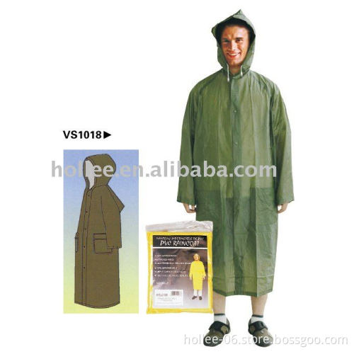 pvc green raincoat with hood flapped pockets